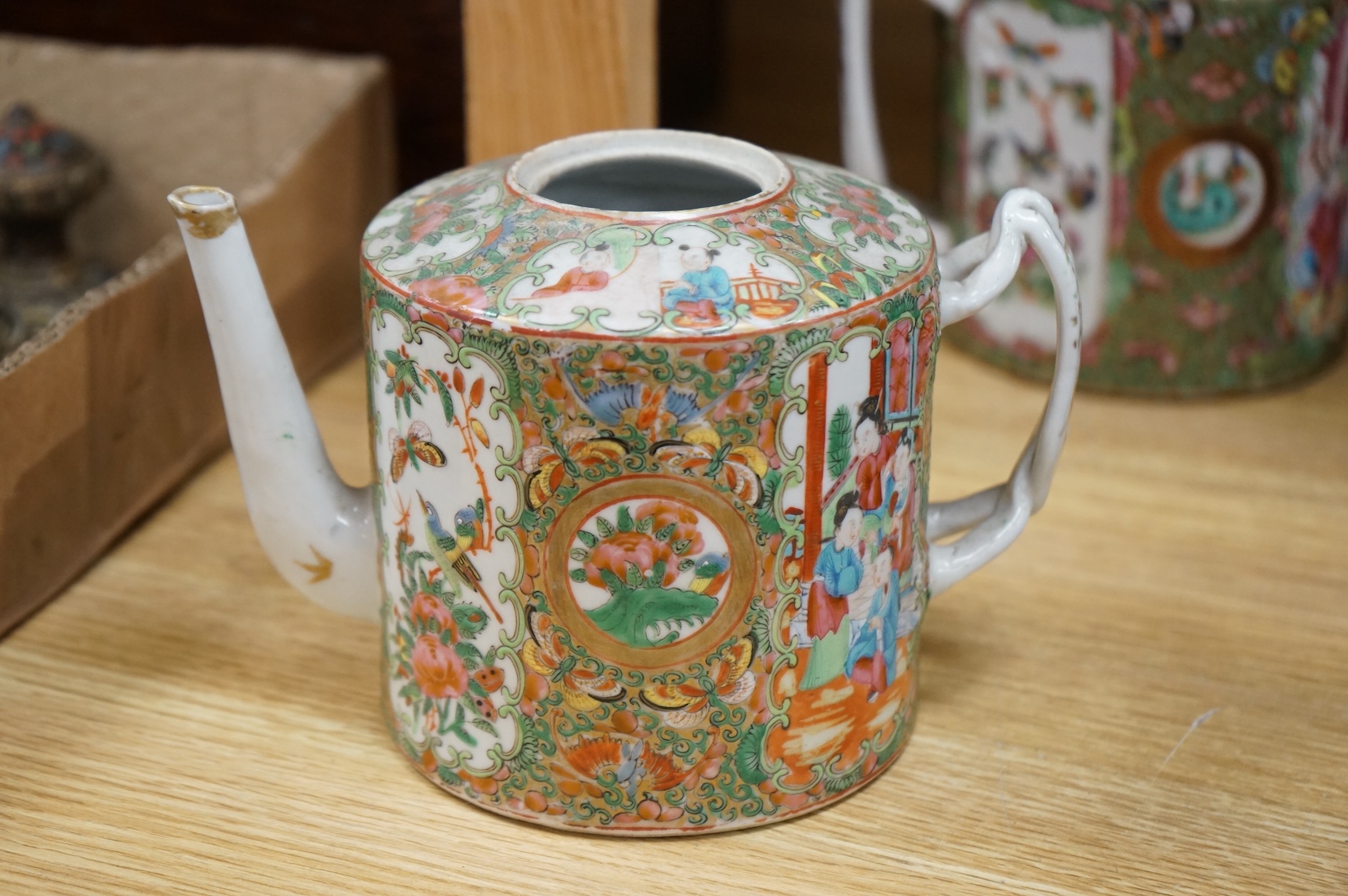 Three 19th century Chinese famille rose teapots, lacking covers largest 21cm wide
